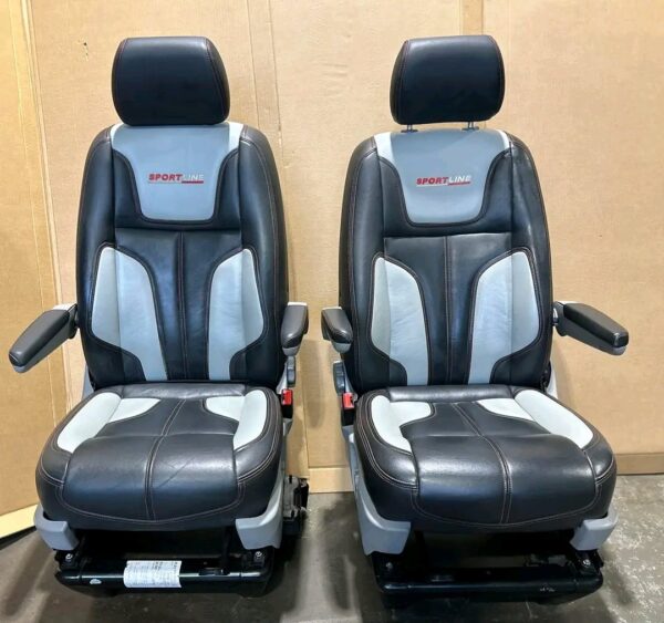 VW T5/T5.1/T6/T6.1 Transporter Complete Genuine Leather Sportline Seat Set 

Set Includes:
X2 Front Single Captain Seats 
2+1 Kombi Seats 
X8 Floor Brackets & Reinforcer Brackets 
X2 Kombi Seat Belts 

Seats Can be sold either as a full set or as fronts & rears separate - Image 2