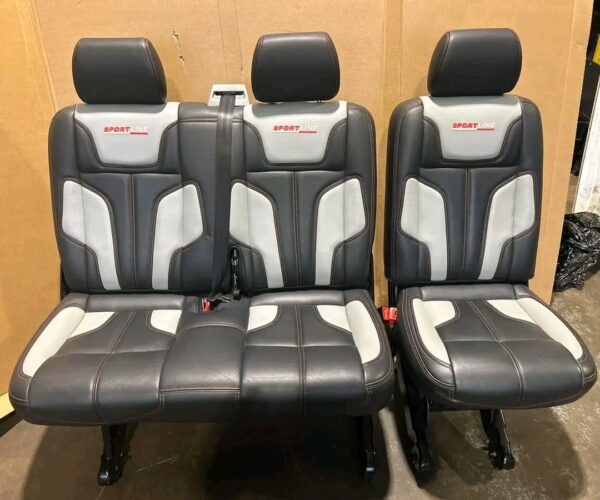 VW T5/T5.1/T6/T6.1 Transporter Complete Genuine Leather Sportline Seat Set 

Set Includes:
X2 Front Single Captain Seats 
2+1 Kombi Seats 
X8 Floor Brackets & Reinforcer Brackets 
X2 Kombi Seat Belts 

Seats Can be sold either as a full set or as fronts & rears separate